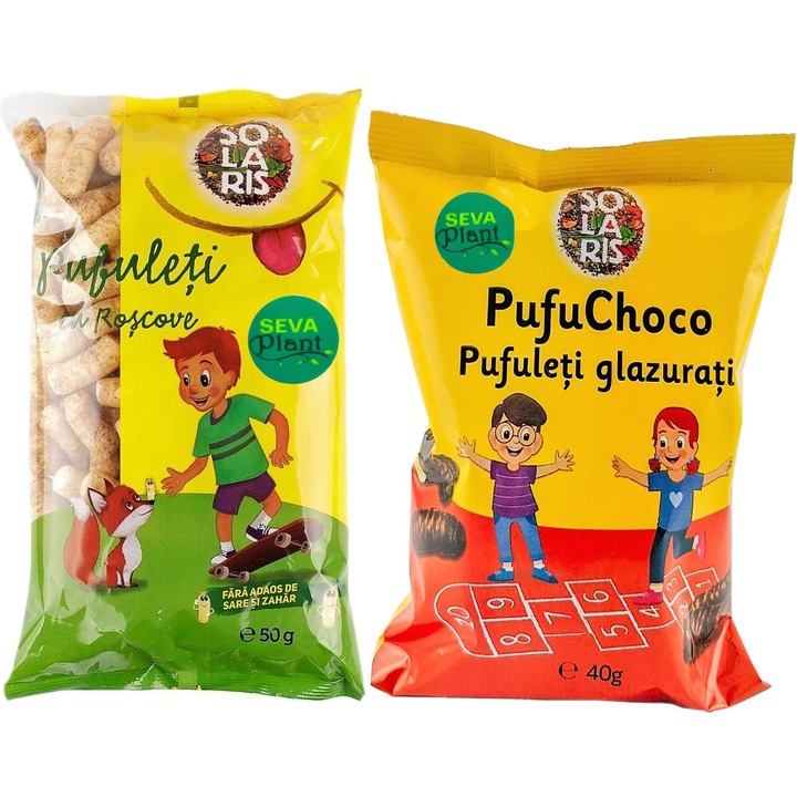 Pachet "Pufuleti dulci" cu Roscove si PufuChoco, fara aditivi, fara E-uri, 2 pungi, 90g, Solaris Plant