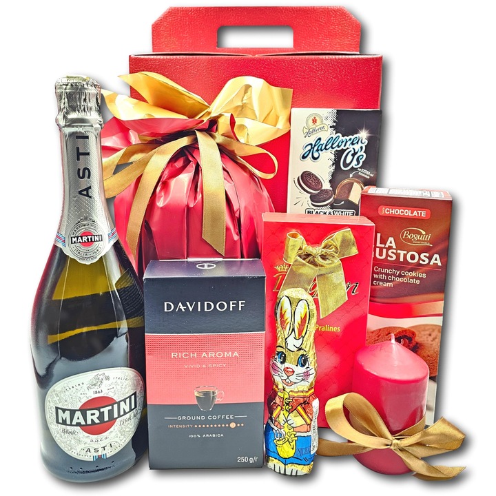 Pachet cadou asortat, CADOURI PREMIUM, model Paste Fericit, cu spumant Martini, cafea Davidoff, praline speciale Halloren si The Belgian, fursecuri Bogutti, panettone ambalat festiv, lumanare decorativa si iepuras de ciocolata, pentru un Paste de neuitat
