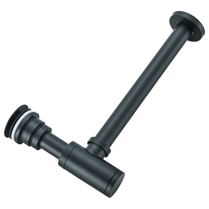 Sifon decorativ pentru lavoar si ventil universal cu click-clack, negru mat