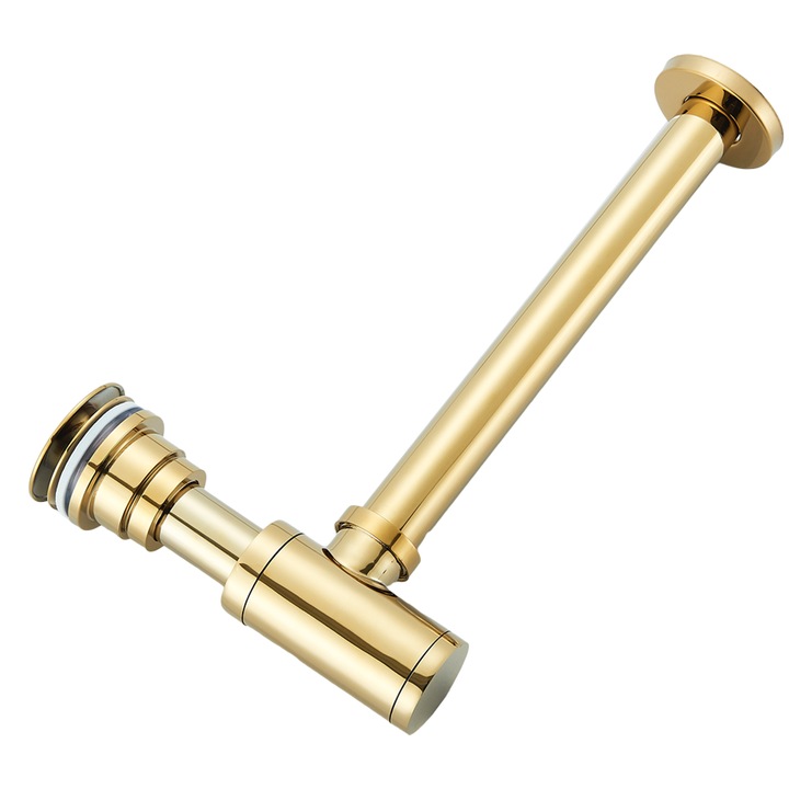 Sifon decorativ pentru lavoar si ventil universal cu click-clack, auriu lucios