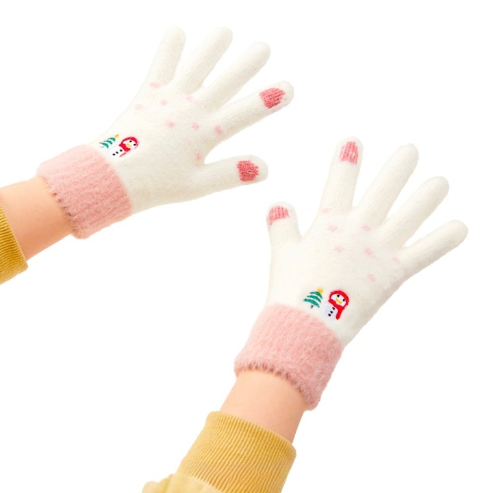 Топли зимни ръкавици, полиестер/найлон/акрил, идеални за телефон, с тъчскрийн, розови/бели