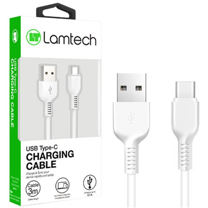 Cablu Date si Incarcare Lamtech, USB la Type-C, 2.1A, 3m, Alb