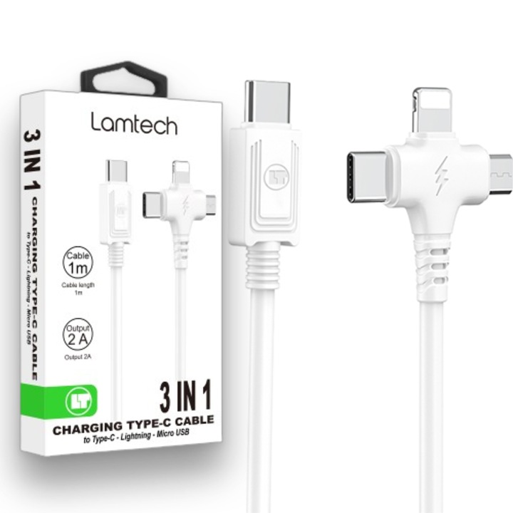 Cablu de incarcare Lamtech, 3in1, USB la Type-C/Lightning/Micro USB, 2A, 1m, 5202021113119, Alb