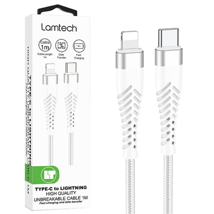 Cablu Date si Incarcare Lamtech, Type-C la Lightning, Incasabil, 1m, Alb