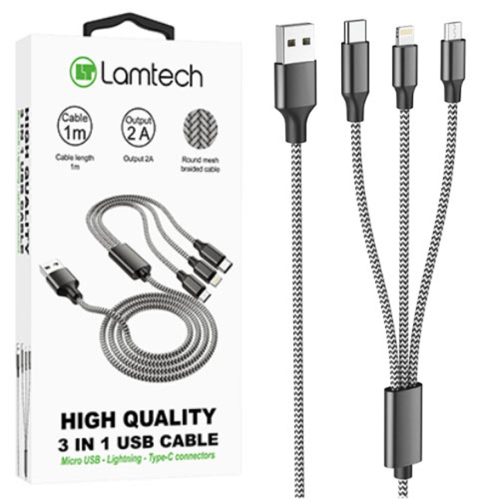 Cablu Date si Incarcare Lamtech, 3in1, USB la Type-C/Lightning/Micro USB, Invelis metalic, 2A, 1m, Negru