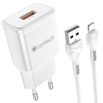 Incarcator retea Lamtech, 18W, QC3.0, 1xUSB, Cablu Lightning 1m inclus, Alb