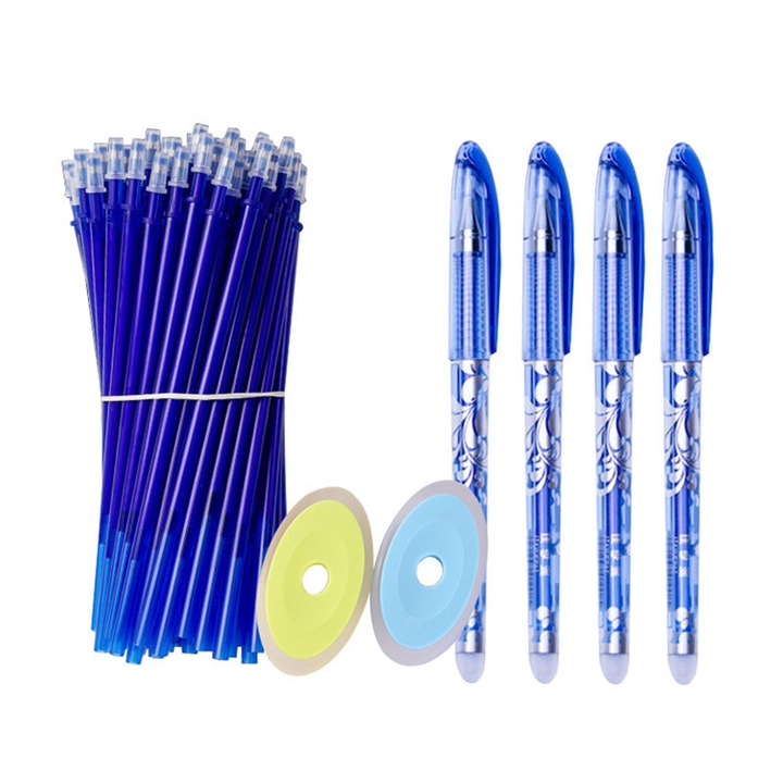 Set 56 pixuricu gel, SINBINTA, Include radiera, 0.5mm, Cerneala netoxica, Rezerva inlocuibila, Cu capac pentru stilou, Confortabil in mana, Scriere durabila, Pentru desen, proiectare, graffiti, Plastic, 14cm, Albastru