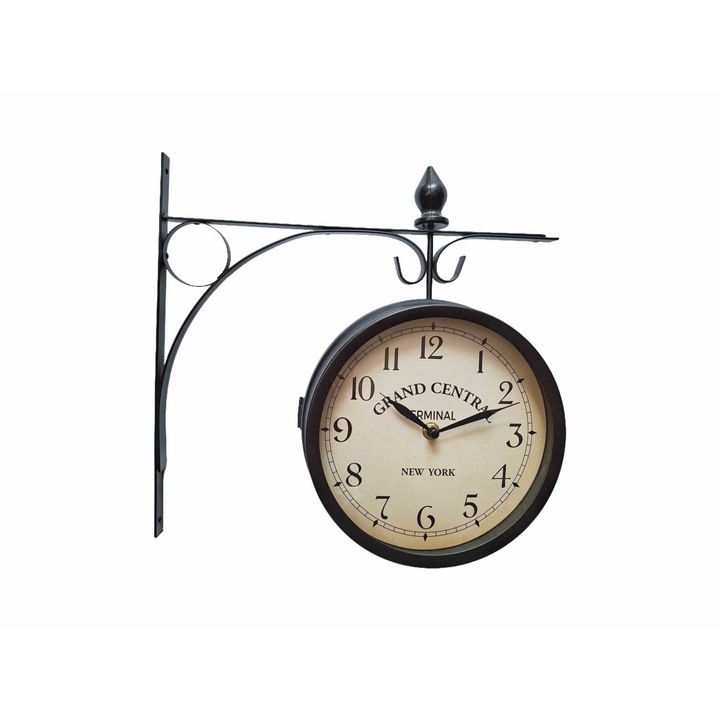 Kétoldalas falióra, analóg, fém, állvánnyal, fekete, Ø 20 cm, h 31 cm, L 32,5 cm