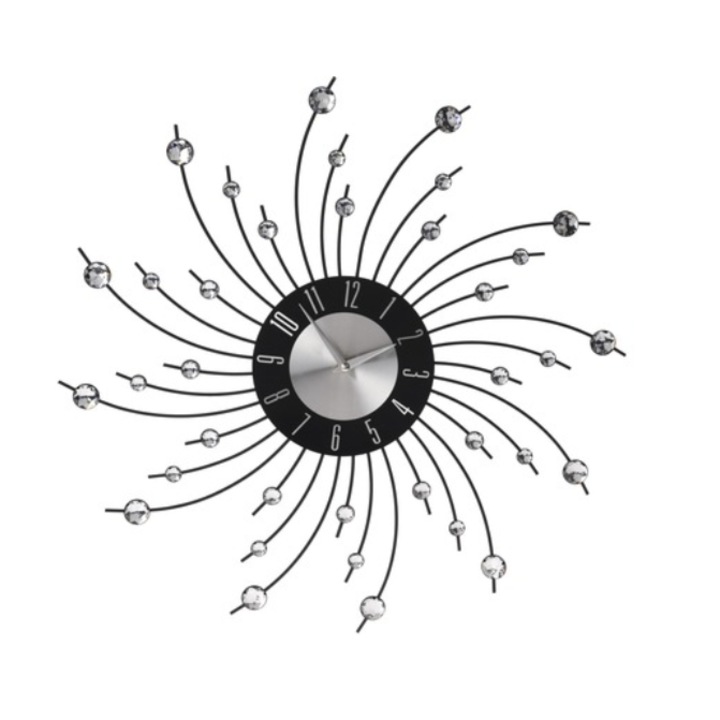 Ceas de perete pentru camera, cu strasuri, metalic, analogic, silentios, argintiu, Ø 50 cm