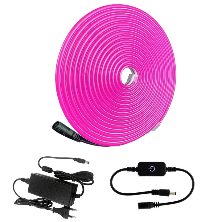 Banda Led Neon, 5mt, Silicon Flexibil impermeabil, 12V DC, SMD2835 (120Led/mt), Adaptor si intrerupator incluse, culoare Roz