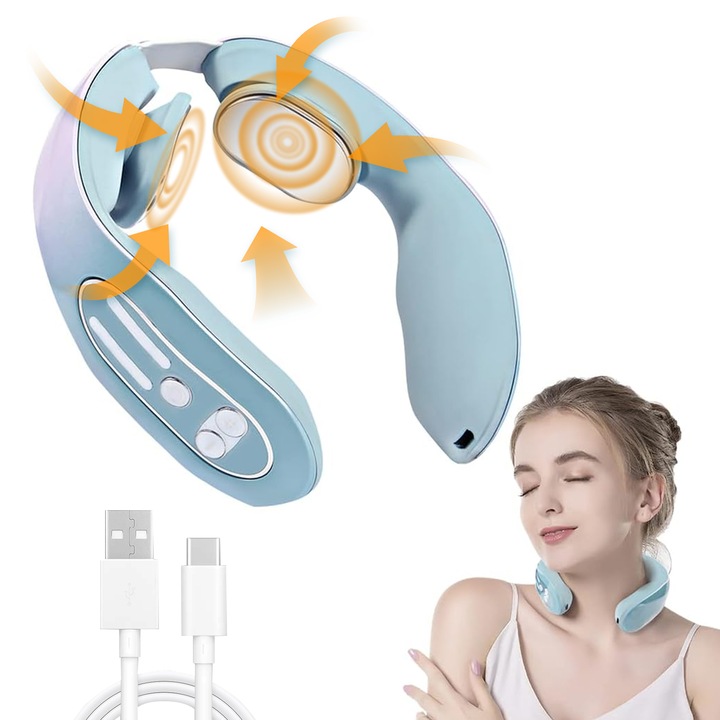 Aparat masaj cervical cu 2 Impulsuri Electromagnetice,, ZUNSEAT, Incalzire, 12 nivele de intensitate, Portabil, USB, Multiple Moduri de Utilizare, Relaxare si Confort pentru Gat si Spate, Albastru