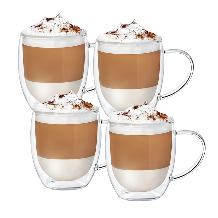 Set 4 Cani de Sticla cu Perete Dublu Teno®, model rotund, design modern, termorezistente, capacitate 350 ml, 12 x 9 cm