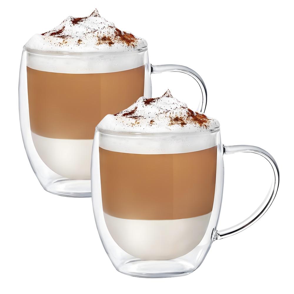 Set 2 Cani de Sticla cu Perete Dublu Teno®, model rotund, design modern, termorezistente, capacitate 350 ml, 12 x 9 cm