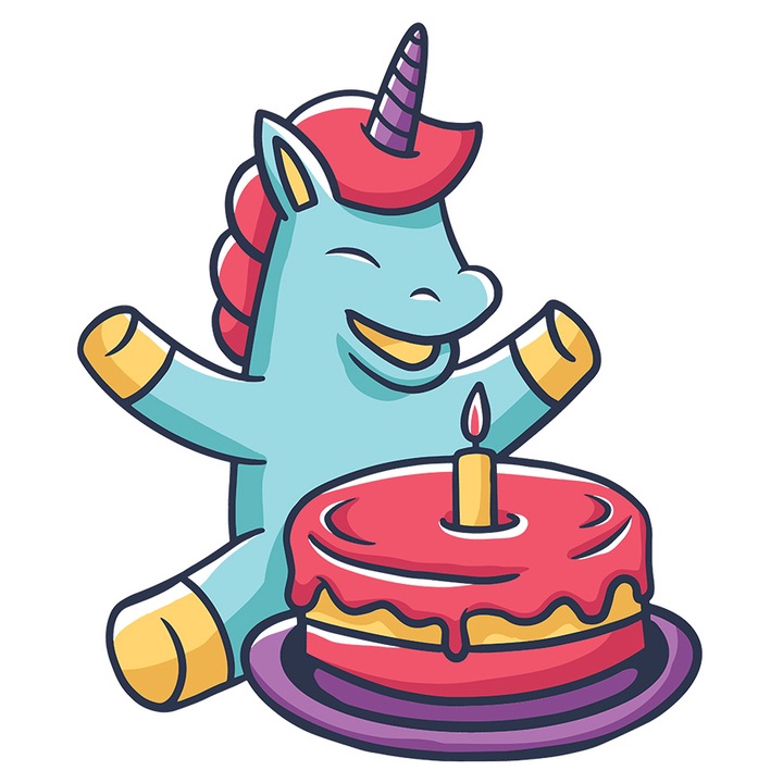 Sticker Cu Uncorn Albastru aniversar Sufland In Lumanari, Copii, Iubitorii De Dsene animate, cu Margini Albe, PVC Vinyl 10 cm