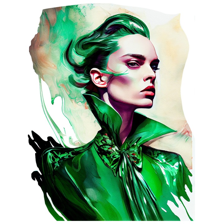 Sticker Cu Portret Regina Carnavalului Tinuta Guler Inalt Cu Funda, Par Verde, Lumina Verde Fosforescent, Tinuta Latex, Multicolor cu Margini Albe, PVC Vinyl 90 cm