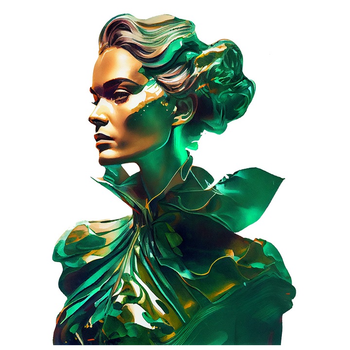 Sticker Cu Portret Regina Carnavalului, Par Blond, Lumina Verde Fosforescent, Tinuta Latex, Multicolor cu Margini Albe, PVC Vinyl 90 cm