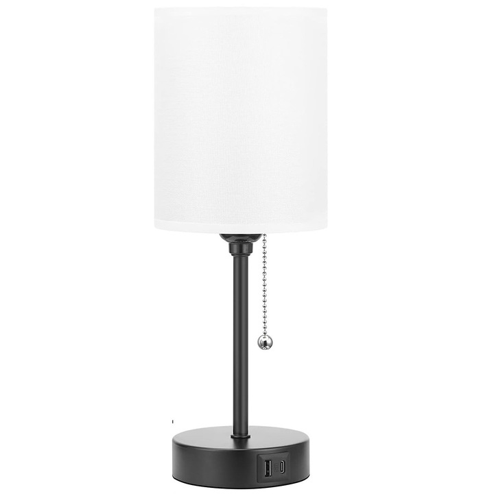 Лампа ZUNSEAT, 3 цветни температури, с C+A USB портове, бял ленен абажур, 6W E27