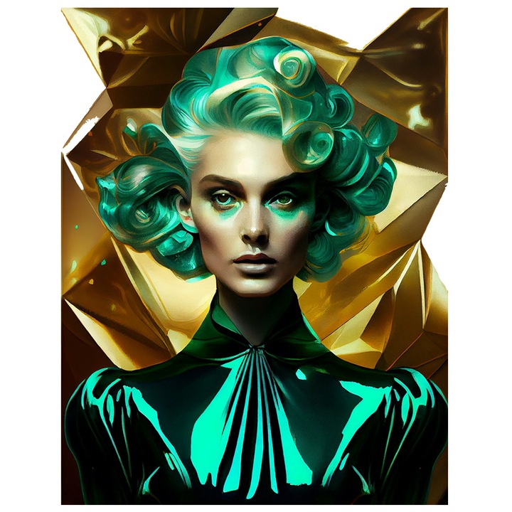 Sticker Cu Portret Regina Carnavalului, Par Verde Neon, Make Up Fosforescent, Tinuta Latex, Multicolor cu Margini Albe, PVC Vinyl 90 cm