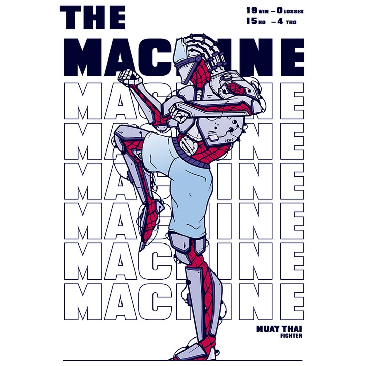 Стикер с човек-робот в карате позиция, английски текст The Machine, изкуствен интелект, любители на роботиката, с бели граници, PVC винил 10 cm