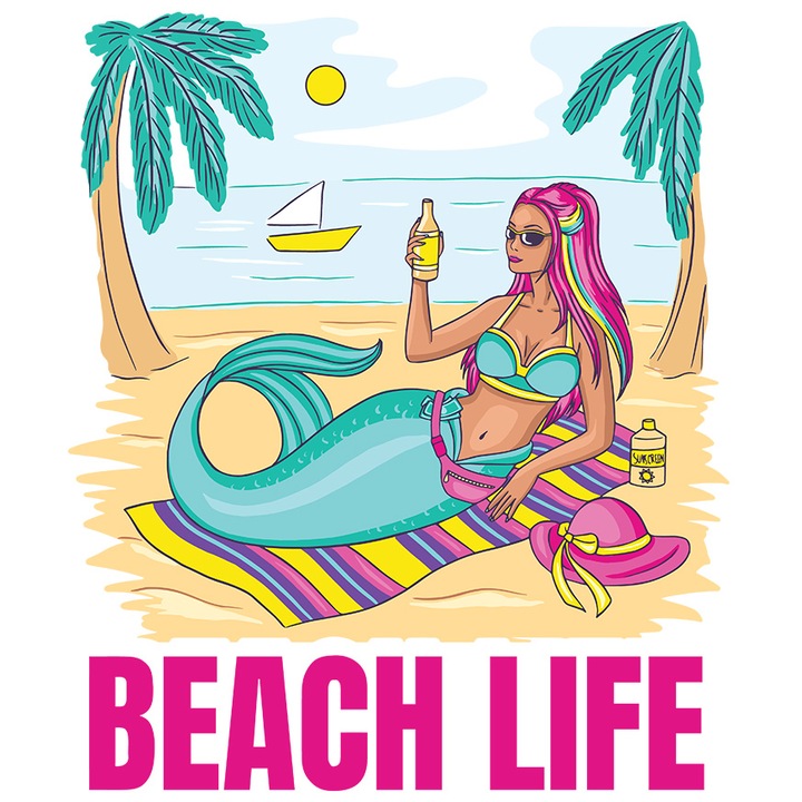 Sticker Cu Text In Engleza Beach Life, Sirena Pe Plaja, Peisaj Exotic, Vacanta, Palmieri, Multicolor cu Margini Albe, PVC Vinyl 90 cm