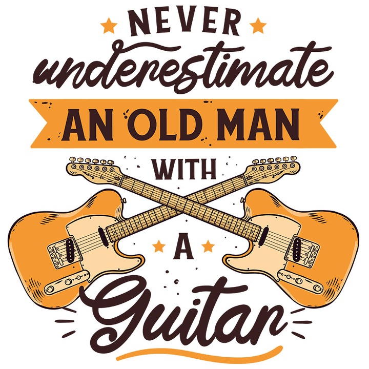 Sticker Cu Chitara Electrica, Text In Engleza Never undestimate An Old Man With A Guitar, Bunic, Muzica Rock, cu Margini Albe, PVC Vinyl 10 cm