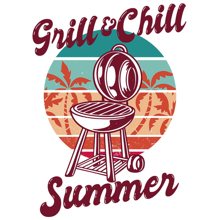 Sticker Cu Gratar Pregatit, Text In Engleza Grill & Chill Summer, Peisaj Tropical, Vacanta, Concediu, Multicolor, cu Margini Albe, PVC Vinyl 70 cm