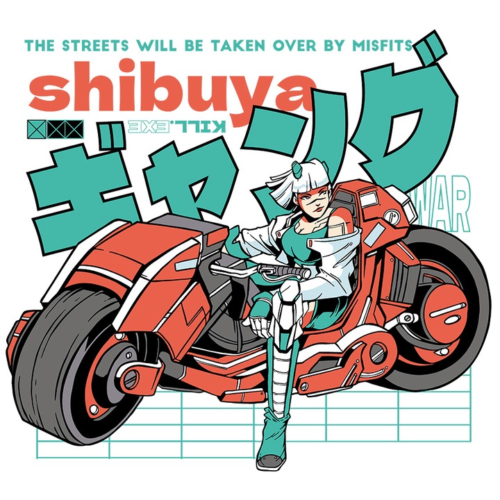 Sticker Personalizata Motocicleta Cyberpunk Ilustrata cu Text in Diferite Limbi, cu Margini Albe, PVC Vinyl 15 cm