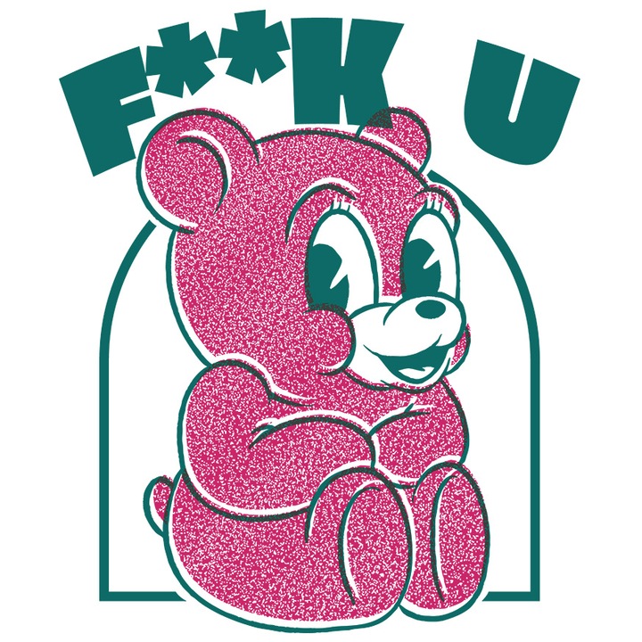 Sticker Cu Ursuler Roz, Text Vulgar Mare Cu Verde, Animal De Plush Pufos, Copii, Desene, Roz Verde cu Margini Albe, PVC Vinyl 10 cm