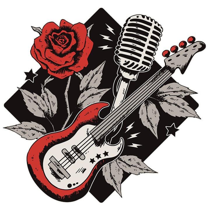Sticker Cu Chitara Electrica, Microfon Clasic, Trandafir Rosu, Muzica Rock, cu Margini Albe, PVC Vinyl 23 cm