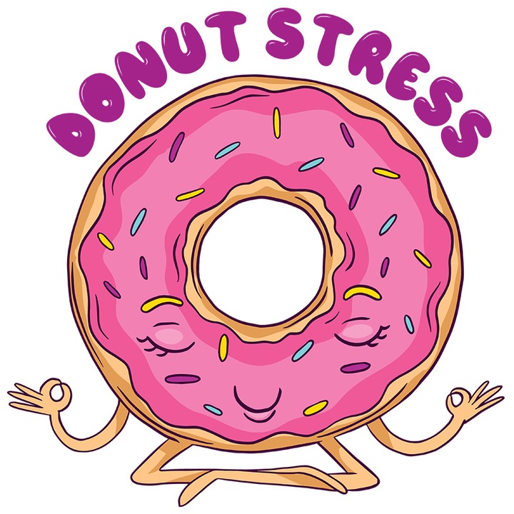 Sticker Cu Gogoasa Glazurata Roz Stand In Pozitie De Yoga, Text Haios In Engleza Donut Stress, Dulciuri cu Margini Albe, PVC Vinyl 28 cm