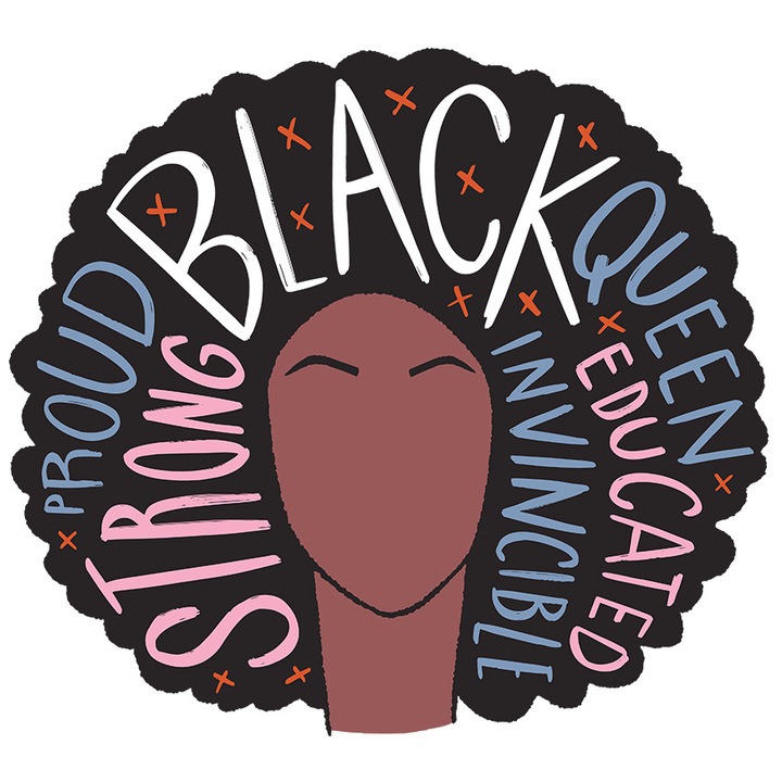 Sticker Chip Femeie Par Cret, Text In Engleza Strong Proud Black Queen Educated Incredible, Frumusete Naturala, Cadou Pentru Persoana Draga, cu Margini Albe, PVC Vinyl 10 cm