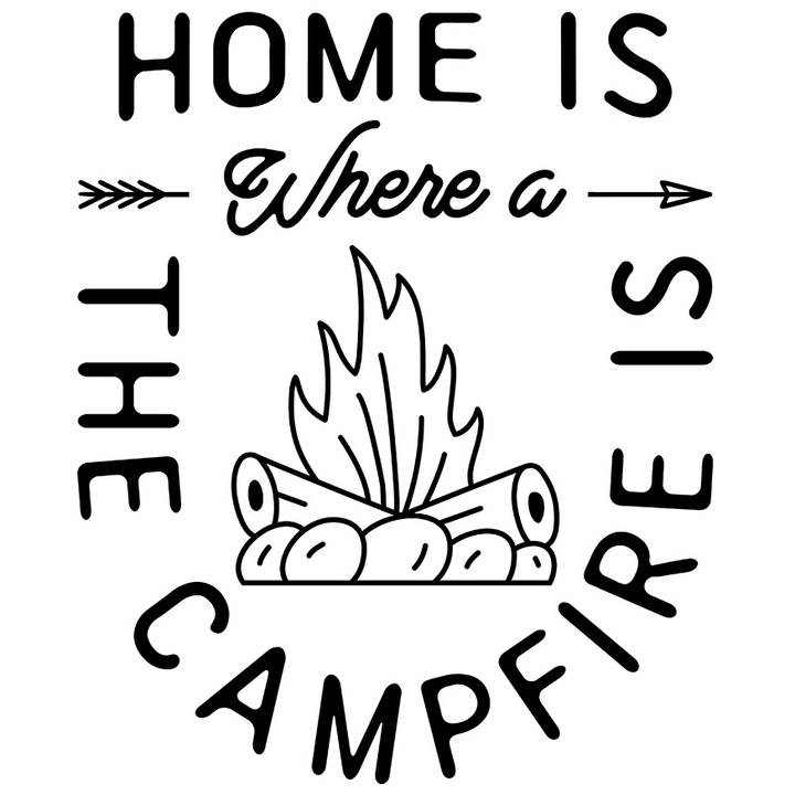 Sticker Cu Home Is Where The Campfire Is, Foc De Tabar, Calea Printre Munti, Zona Montana, Aventura, Cadou Pentru Iubitorii De Calatorii, cu Margini Albe, PVC Vinyl 40 cm