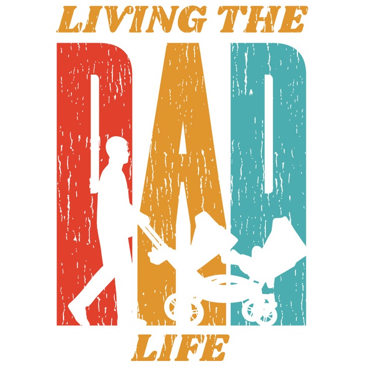 Sticker Cu Tata Plimband Copilul In Carucior, Text In Engleza Living The Dad Life, Rewlatie Tata-Copil, Cadou Pentru Viitorii Tatici, Multicolor, cu Margini Albe, PVC Vinyl 23 cm