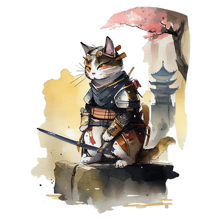 Sticker Cu Pisica Luptatoare Ninja, Arta Japoneza, Karate, Pom Roz, Anime Multicolor cu Margini Albe, PVC Vinyl 15 cm