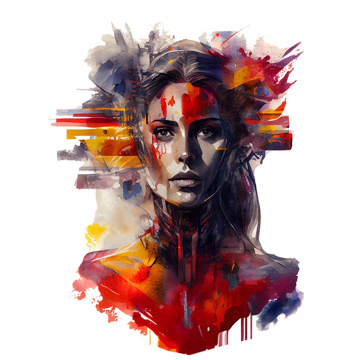 Sticker Cu Fata Din Profil Pictura Curgatoare Steagul Romaniei, Par Blond Pictata Pe Fata, Patriot, Multicolor cu Margini Albe, PVC Vinyl 23 cm