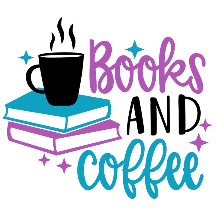Sticker Cu Teanc De Carti, Books And Coffee, Inima Strapunsa De Sageata, Ceasca Mare De Cafea, Trezirea De Dimineata, Negru cu Margini Albe, PVC Vinyl 10 cm