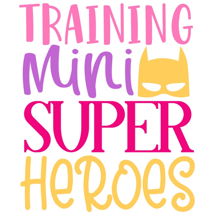 Sticker Cu Text In Engleza Training Mini Super Heroes, Masca Stil Batman, Super Eroi, Multicolor cu Margini Albe, PVC Vinyl 10 cm