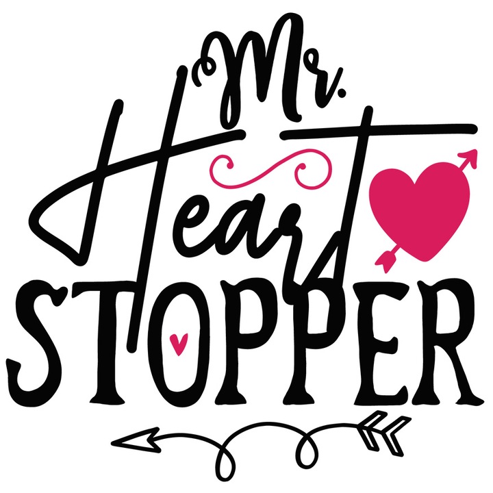 Sticker Cu Text Romantic In Engleza Mr, Heart Stopper, Inimi Rosii, Alege Fericirea, Dragobete, Multicolor cu Margini Albe, PVC Vinyl 10 cm