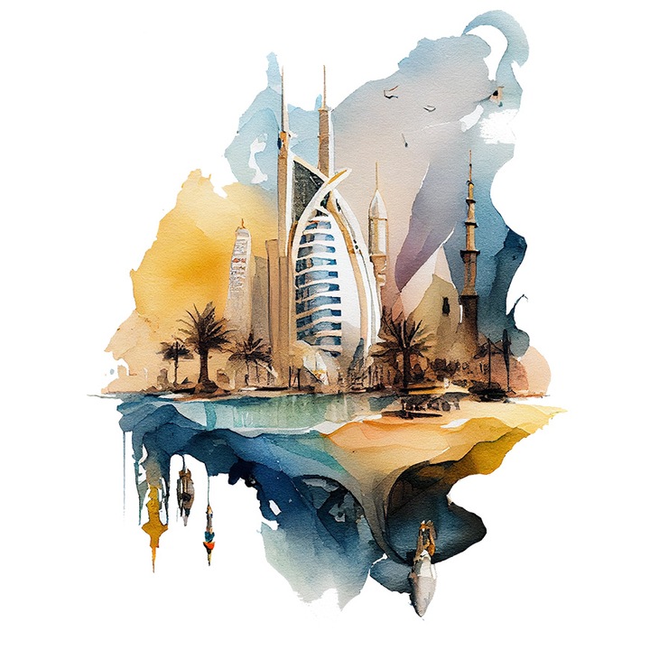 Sticker Cu Priveliste Plaja Stil Dubai, Apus De Soare, Pictura, Pasari Zburatoare, Vacanta, Cadou Pentru Iubitorii De Concediu, cu Margini Albe, PVC Vinyl 15 cm