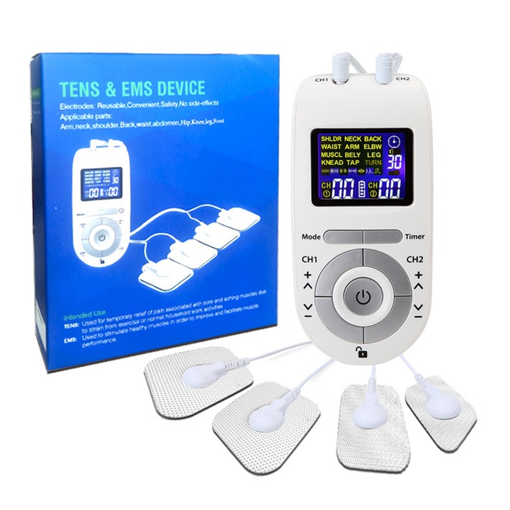 Aparat de masaj electrostimulare, 3-in-1 TENS/EMS/masaj, 12 programe, 40 niveluri intensitate, alb