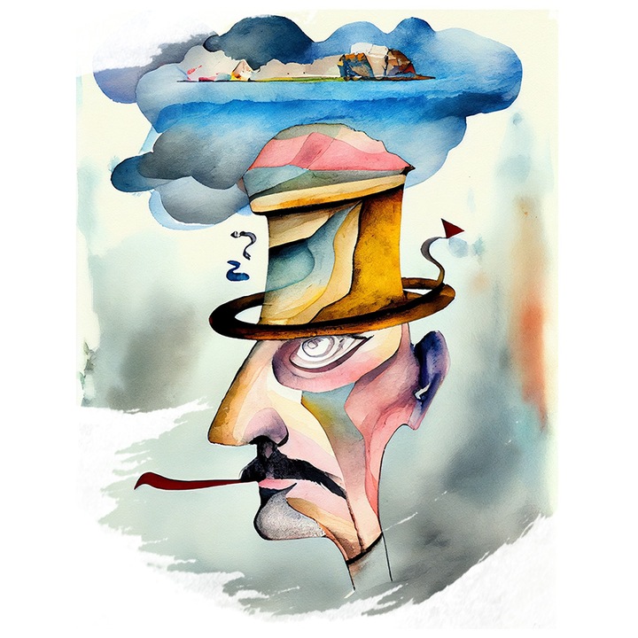 Sticker Cu Chip Omenesc Cu Mustata, Bizar, Palarie Inalta Galbena, Peisaj Colorat, Dealuri, Cadou Pentru Iubitorii De Caricaturi, cu Margini Albe, PVC Vinyl 90 cm