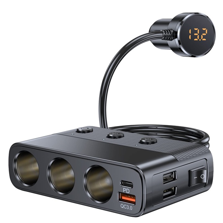 7 az 1-ben csatlakozóadapter, 128 W, 3 aljzat, 3 USB, QC 3.0, 1 USB-C, feszültségkijelző, fekete