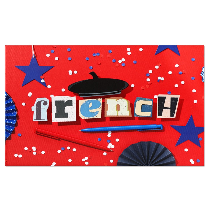 Tablou Canvas Cuvantul French pe un fundal rosu, simbolizand francofonia si cultura franceza, de la limba si gastronomia la traditii si istorie. 120x80CM