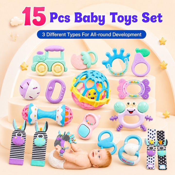 Set 15 Jucarie dentitie bebelusi, MultiFunction, Teether Chew Toy, Silicone/ABS, Sosete zornaitoare pentru bebelusi, Excelent pentru coordonarea mana-ochi-picior, MultiColor
