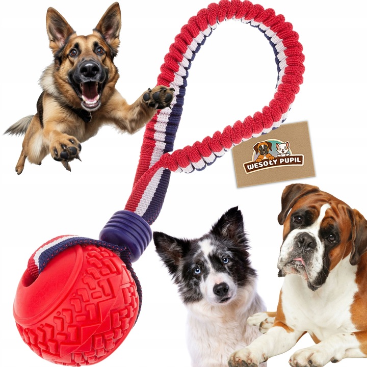 Jucarie pentru caini Wesolypupil, minge pe sfoara cu amortizor, 7cm, lungime 27cm