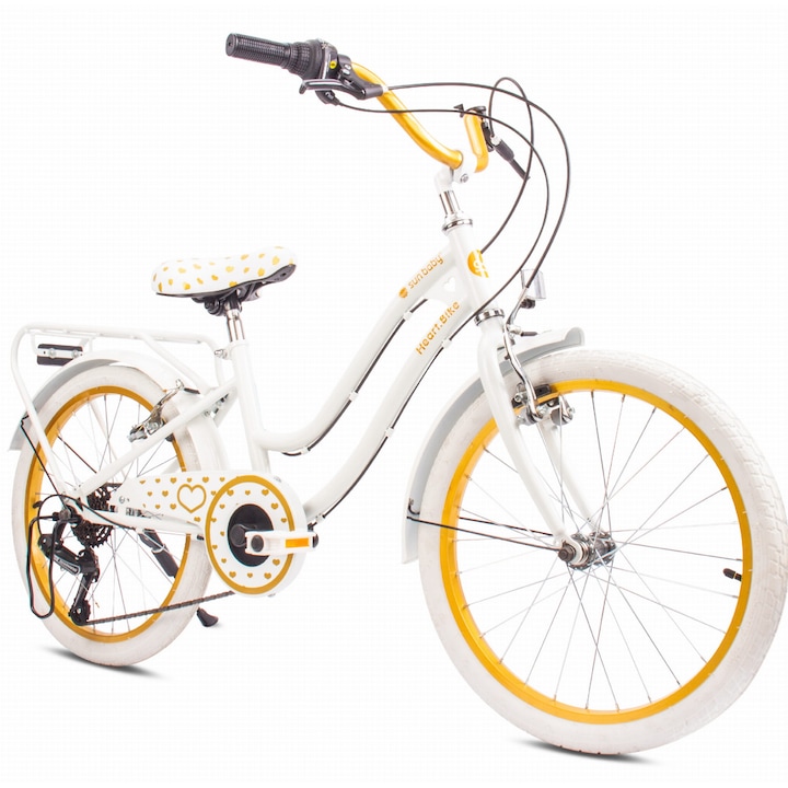 Велосипед за момичета, Sun Baby, Heart Bike, 20 инча, 6 скорости Shimano Tourney, Revoshift, 6-10 години, стоманена рамка, бял/златист