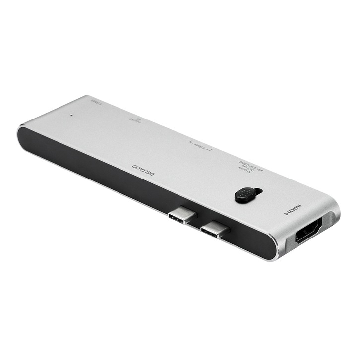 Deltaco USB-C dokkoló állomás, PD 85W, HDMI/SD/mSD olvasó, PD 3.0, 5 Gbit/s, űrszürke