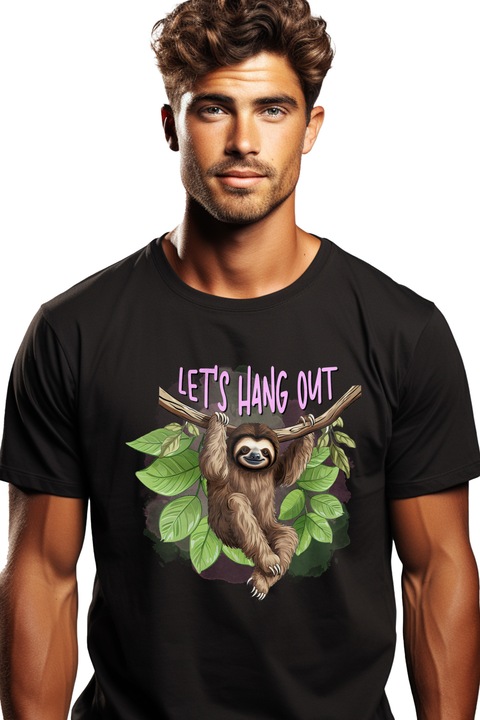 Мъжка тениска с ленивото животно, държащо клон с послание „Хайде да излизаме“, излизане, среща, приятели, радост, илюстрация с бяла дръжка, Черен