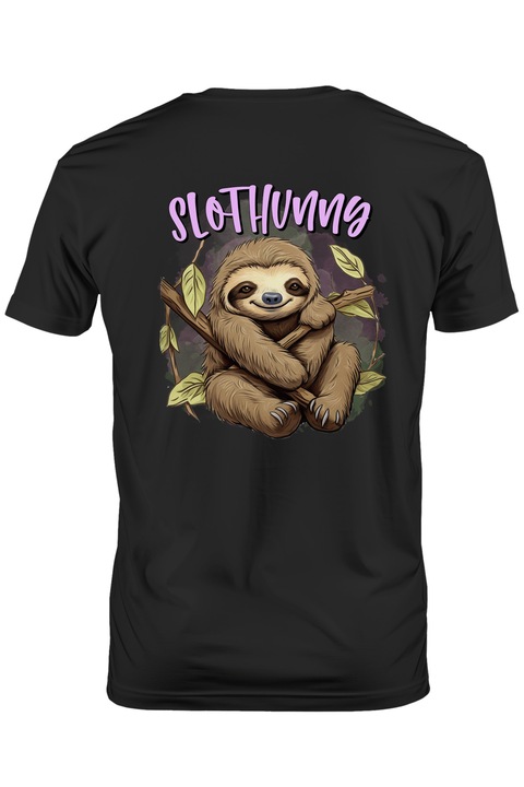 Мъжка тениска с ленивото животно с послание "Slothunng", клони, листа, илюстрация, весела с бяла дръжка, Тъмно черно
