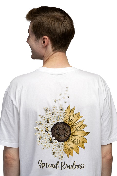 Мъжка тениска с много пчели и послание "Разпространете доброта", слънчогледи, насекоми, помощ, с щампа на гърба, 100% памук, бяло, L